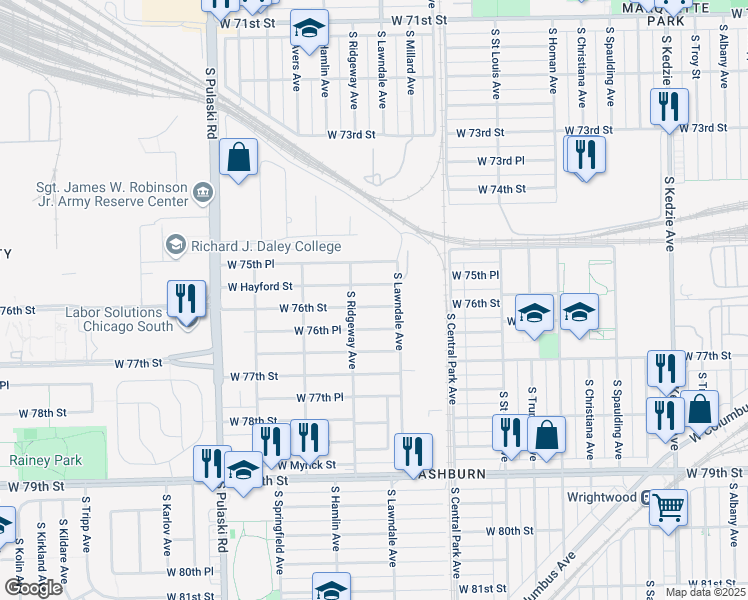 map of restaurants, bars, coffee shops, grocery stores, and more near 3731 West Hayford Street in Chicago