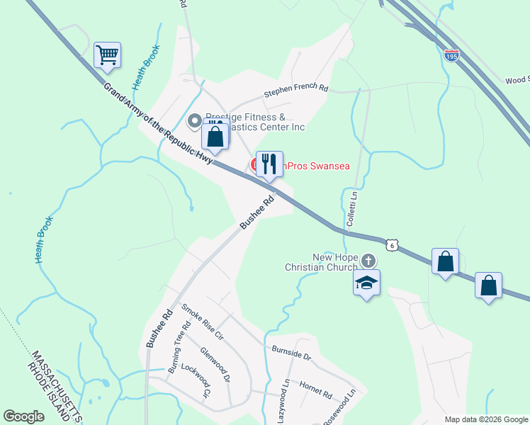 map of restaurants, bars, coffee shops, grocery stores, and more near 32 Bushee Road in Swansea