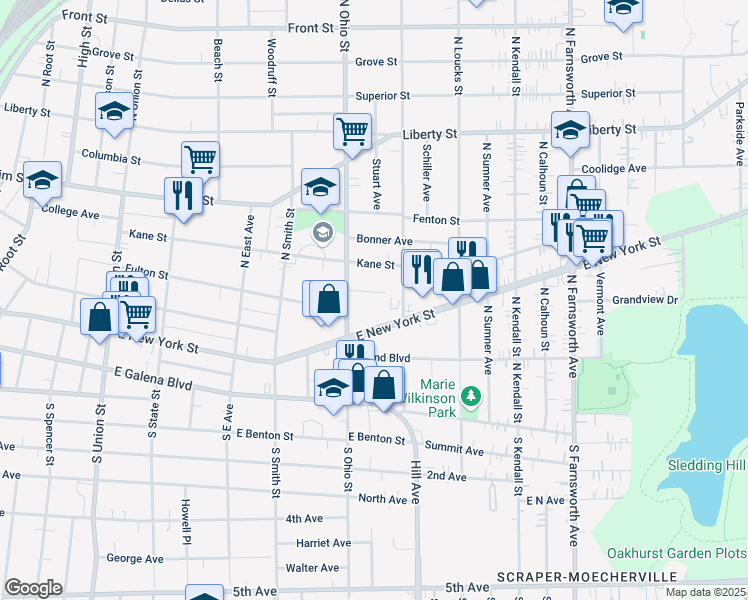 map of restaurants, bars, coffee shops, grocery stores, and more near 1021 Century Lane in Aurora