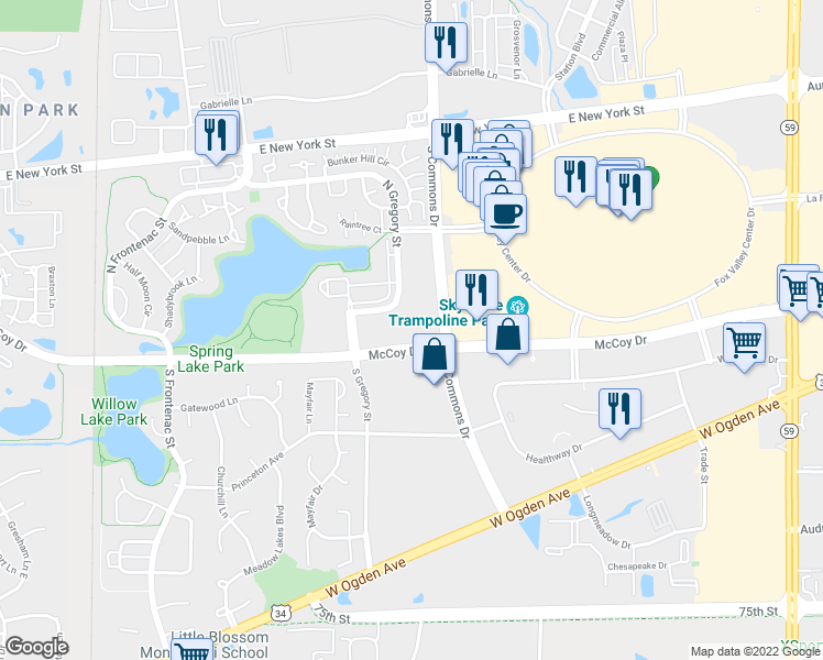 map of restaurants, bars, coffee shops, grocery stores, and more near 193 North Gregory Street in Aurora