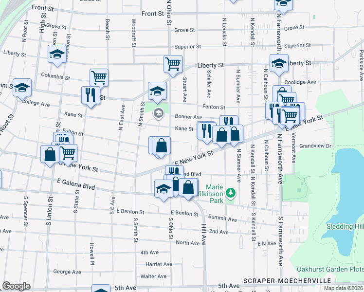 map of restaurants, bars, coffee shops, grocery stores, and more near 1019 Century Lane in Aurora