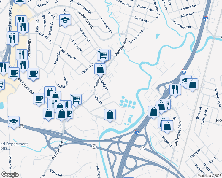 map of restaurants, bars, coffee shops, grocery stores, and more near 56 Eddy Street in Cranston