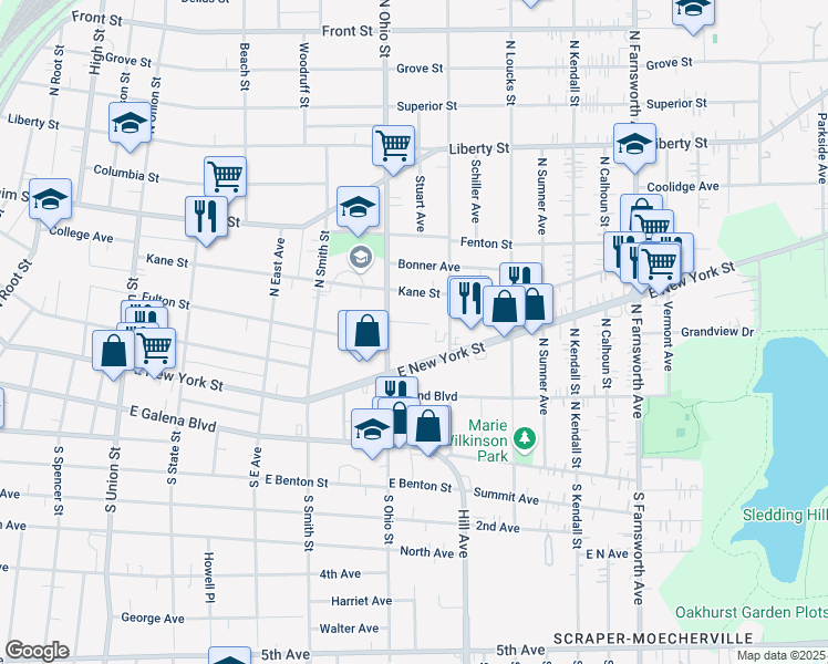 map of restaurants, bars, coffee shops, grocery stores, and more near 1019 Century Lane in Aurora