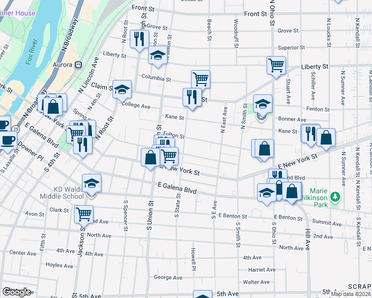 map of restaurants, bars, coffee shops, grocery stores, and more near 107 North State Street in Aurora