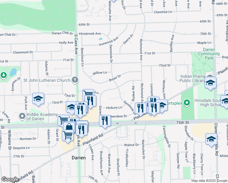 map of restaurants, bars, coffee shops, grocery stores, and more near 1005 Timber Lane in Darien