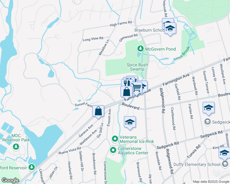 map of restaurants, bars, coffee shops, grocery stores, and more near 1248 Farmington Avenue in West Hartford