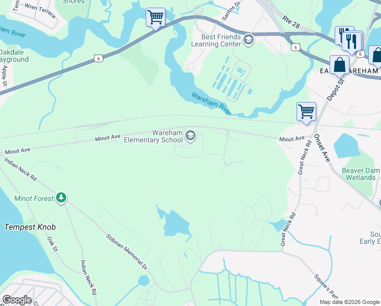 map of restaurants, bars, coffee shops, grocery stores, and more near 85 Minot Avenue in Wareham