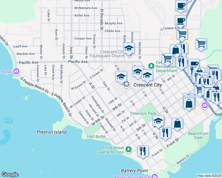 map of restaurants, bars, coffee shops, grocery stores, and more near 1045 East Condor Street in Crescent City