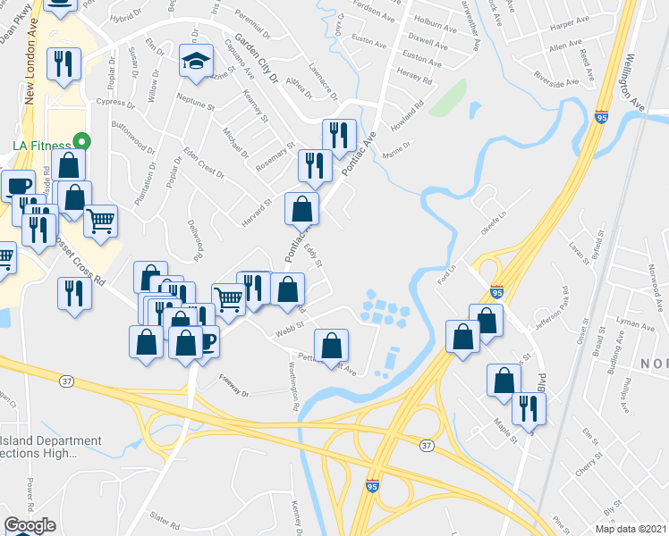 map of restaurants, bars, coffee shops, grocery stores, and more near 56 Eddy Street in Cranston