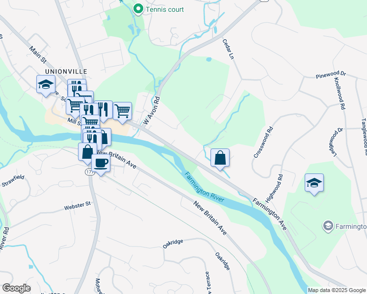 map of restaurants, bars, coffee shops, grocery stores, and more near 1736 Farmington Avenue in Farmington