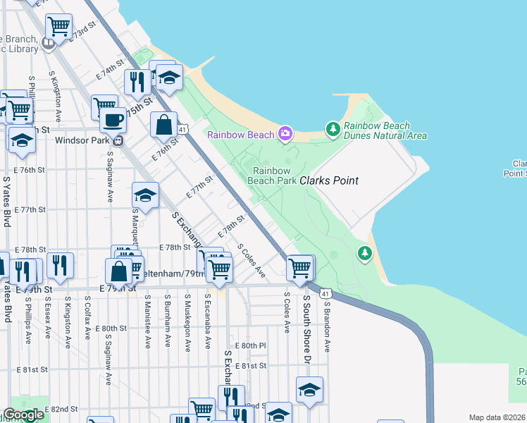 map of restaurants, bars, coffee shops, grocery stores, and more near 3017 East 78th Street in Chicago