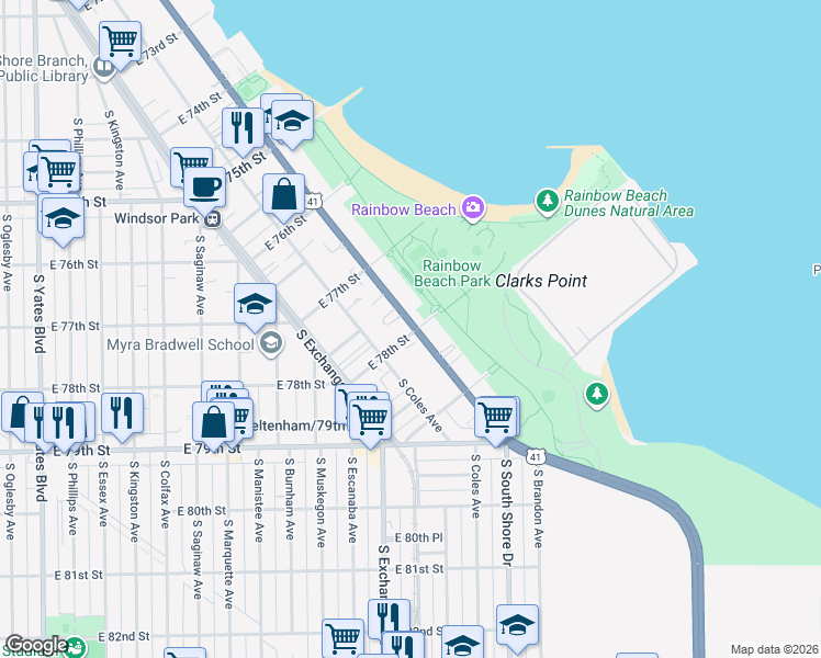 map of restaurants, bars, coffee shops, grocery stores, and more near 7770 South South Shore Drive in Chicago