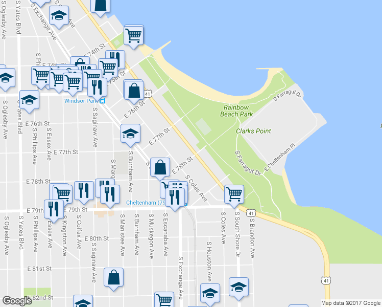 map of restaurants, bars, coffee shops, grocery stores, and more near 7770 South South Shore Drive in Chicago