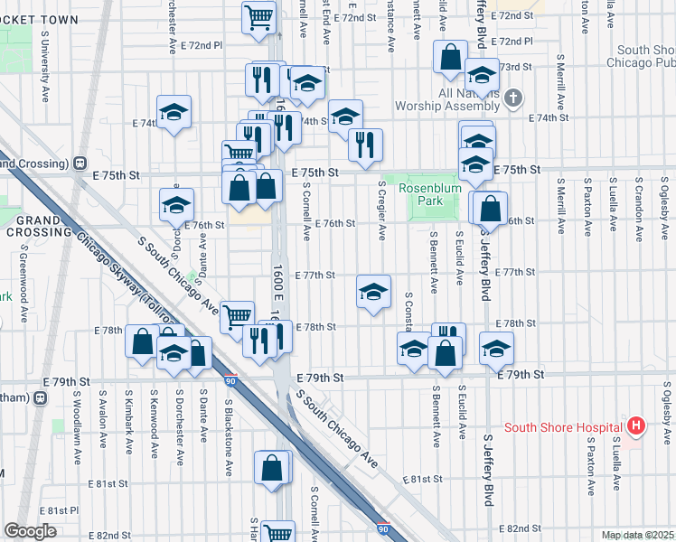 map of restaurants, bars, coffee shops, grocery stores, and more near 7646 South East End Avenue in Chicago