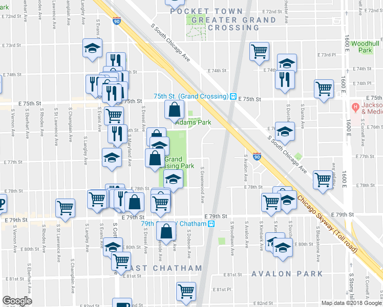 map of restaurants, bars, coffee shops, grocery stores, and more near 7642 South Greenwood Avenue in Chicago