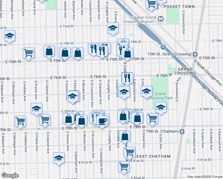 map of restaurants, bars, coffee shops, grocery stores, and more near 7639 South Langley Avenue in Chicago