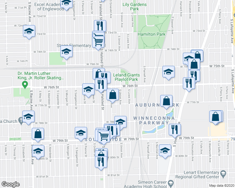 map of restaurants, bars, coffee shops, grocery stores, and more near 7620 South Union Avenue in Chicago