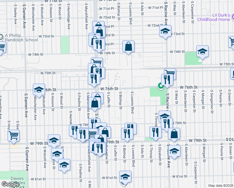 map of restaurants, bars, coffee shops, grocery stores, and more near 7605 South Laflin Street in Chicago