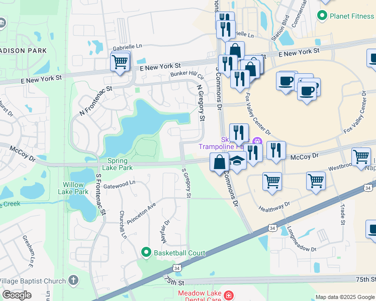 map of restaurants, bars, coffee shops, grocery stores, and more near 105 North Gregory Street in Aurora
