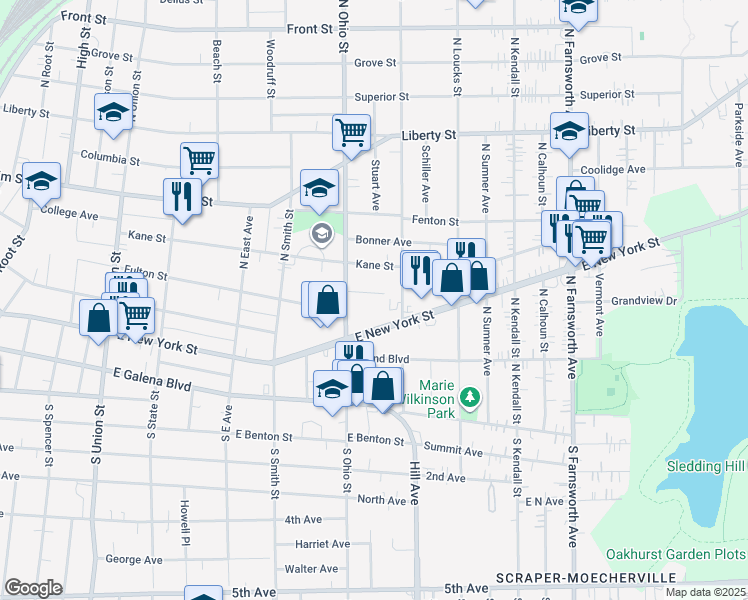 map of restaurants, bars, coffee shops, grocery stores, and more near 1021 Century Lane in Aurora