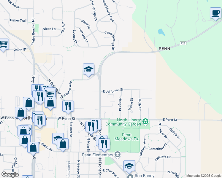map of restaurants, bars, coffee shops, grocery stores, and more near 130 Jefferson Street in North Liberty