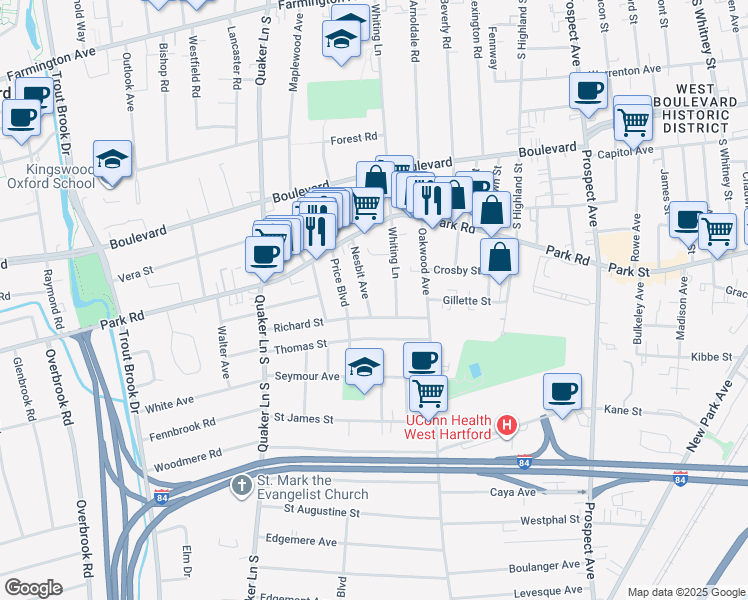 map of restaurants, bars, coffee shops, grocery stores, and more near 60 Nesbit Avenue in West Hartford