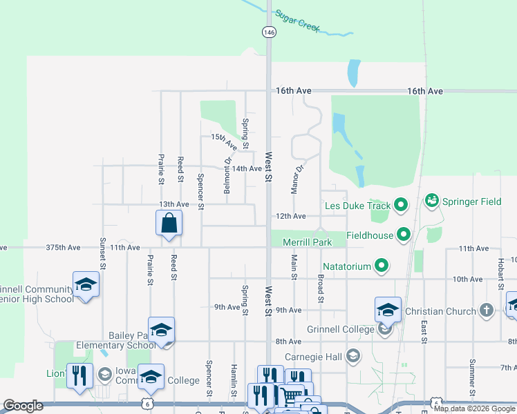 map of restaurants, bars, coffee shops, grocery stores, and more near 1700-1794 Spring Street in Grinnell