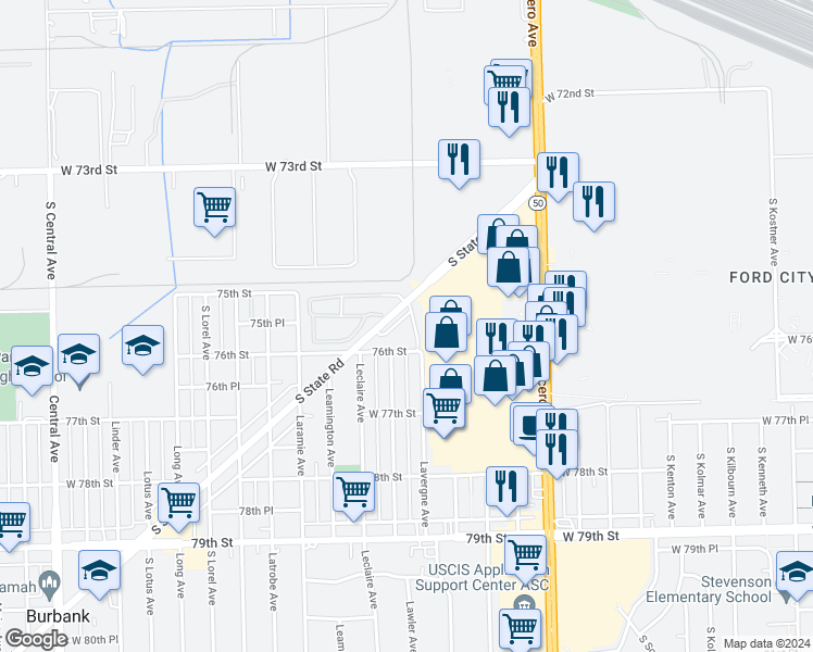 map of restaurants, bars, coffee shops, grocery stores, and more near 5009 Briartree Lane in Burbank