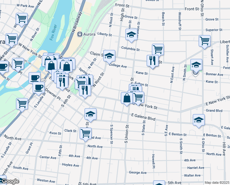 map of restaurants, bars, coffee shops, grocery stores, and more near 557 Spring St in Aurora