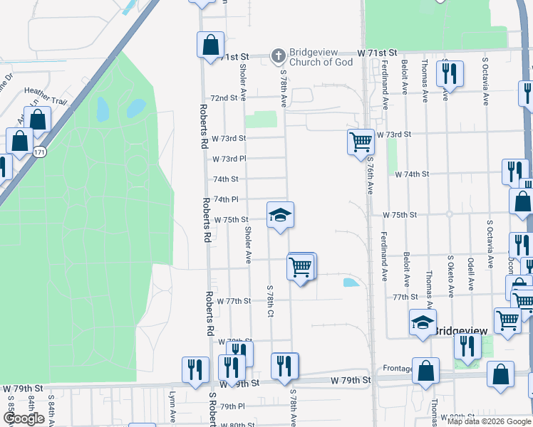 map of restaurants, bars, coffee shops, grocery stores, and more near 7830 West 75th Street in Bridgeview