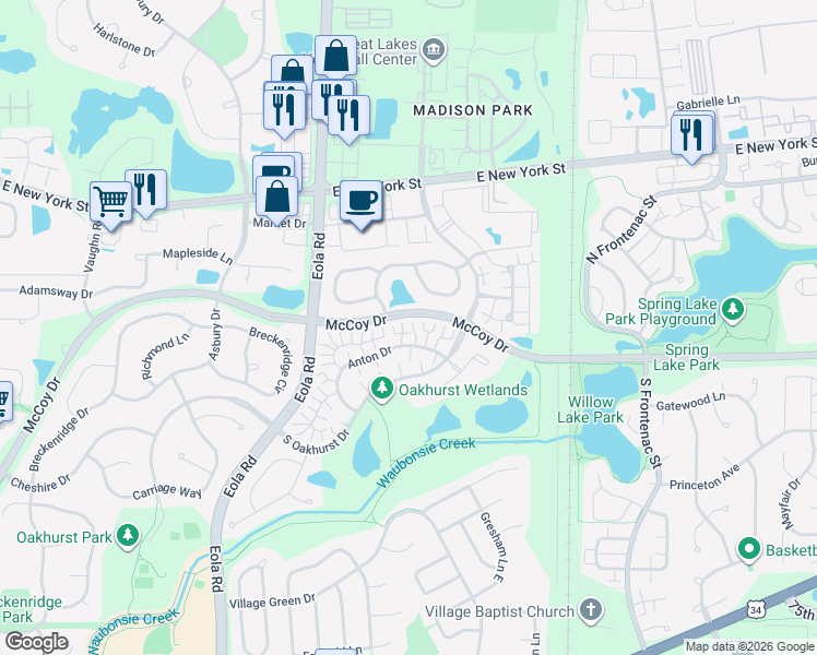 map of restaurants, bars, coffee shops, grocery stores, and more near 3194 Anton Drive in Aurora