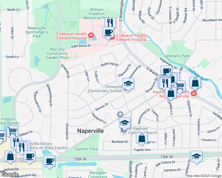 map of restaurants, bars, coffee shops, grocery stores, and more near 127 Elmwood Dr in Naperville