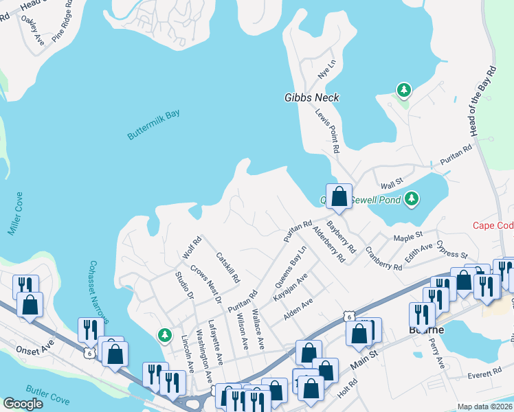 map of restaurants, bars, coffee shops, grocery stores, and more near 6 Kerna Drive in Bourne