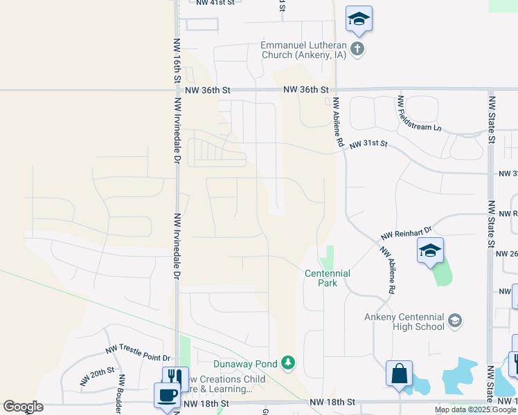 map of restaurants, bars, coffee shops, grocery stores, and more near 2901 Northwest Irvinedale Drive in Ankeny