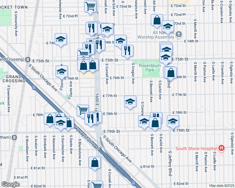 map of restaurants, bars, coffee shops, grocery stores, and more near 7646 South East End Avenue in Chicago