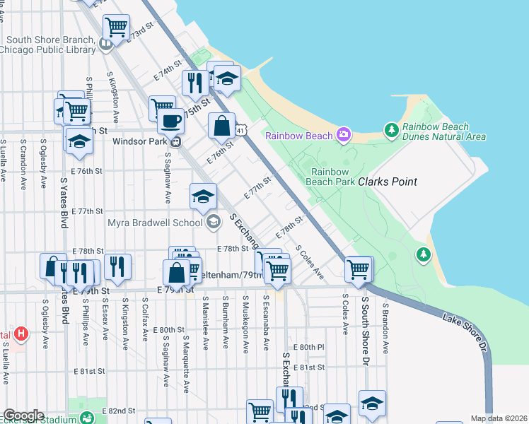 map of restaurants, bars, coffee shops, grocery stores, and more near 2836 East 77th Place in Chicago