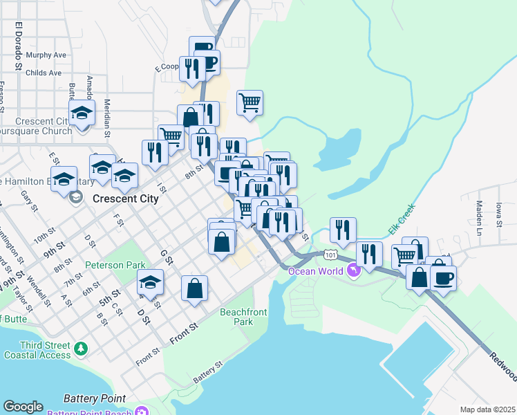 map of restaurants, bars, coffee shops, grocery stores, and more near 450 M Street in Crescent City