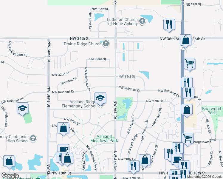 map of restaurants, bars, coffee shops, grocery stores, and more near 809 Northwest Reinhart Drive in Ankeny