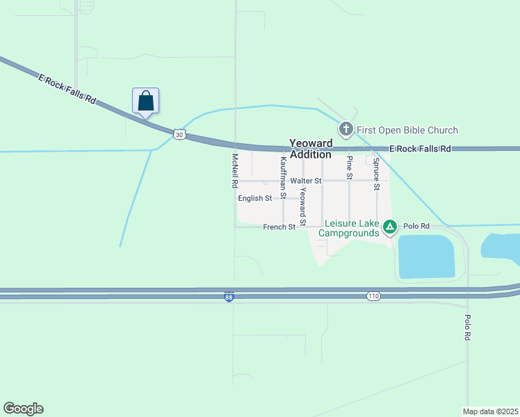 map of restaurants, bars, coffee shops, grocery stores, and more near 1704 English Street in Rock Falls