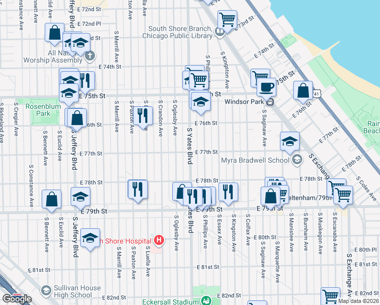 map of restaurants, bars, coffee shops, grocery stores, and more near S Yates Blvd & E 77th St in Chicago