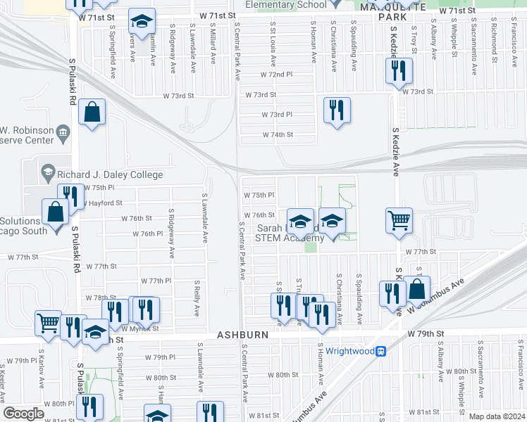 map of restaurants, bars, coffee shops, grocery stores, and more near 3518 West 76th Street in Chicago
