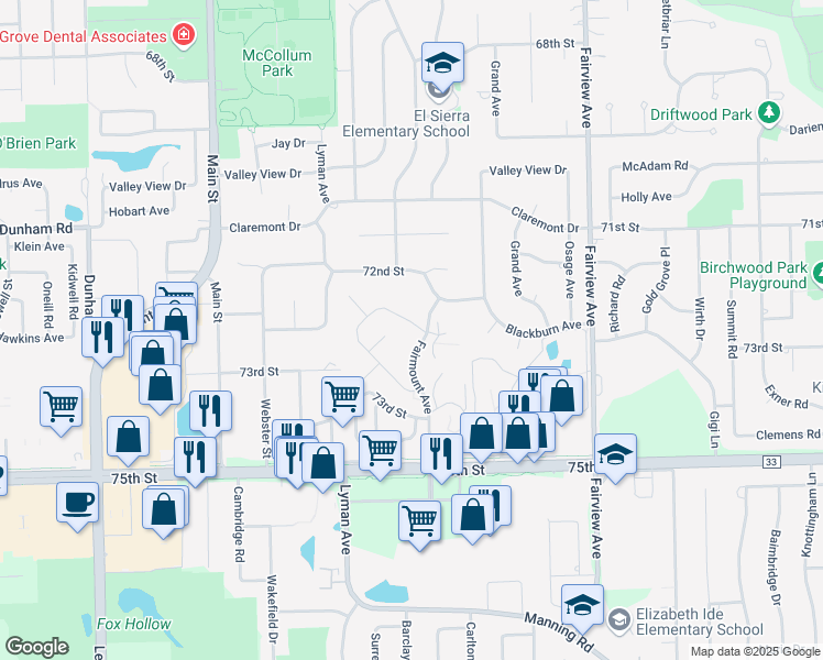 map of restaurants, bars, coffee shops, grocery stores, and more near 7230 Winthrop Way in Downers Grove