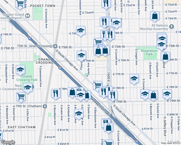 map of restaurants, bars, coffee shops, grocery stores, and more near 7647 South Dante Avenue in Chicago