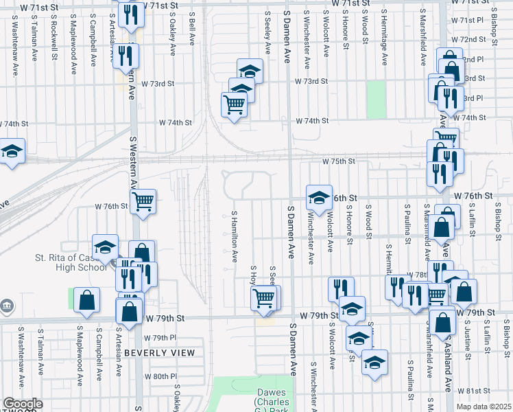 map of restaurants, bars, coffee shops, grocery stores, and more near 7604 South Seeley Avenue in Chicago