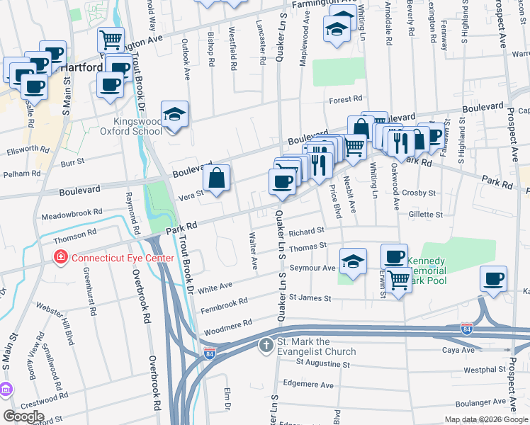 map of restaurants, bars, coffee shops, grocery stores, and more near 369 Park Road in West Hartford