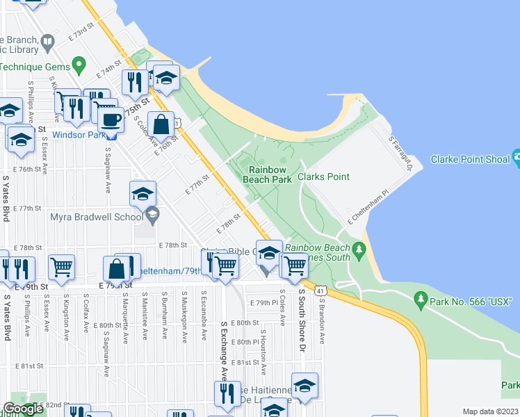 map of restaurants, bars, coffee shops, grocery stores, and more near 3017 East 78th Street in Chicago