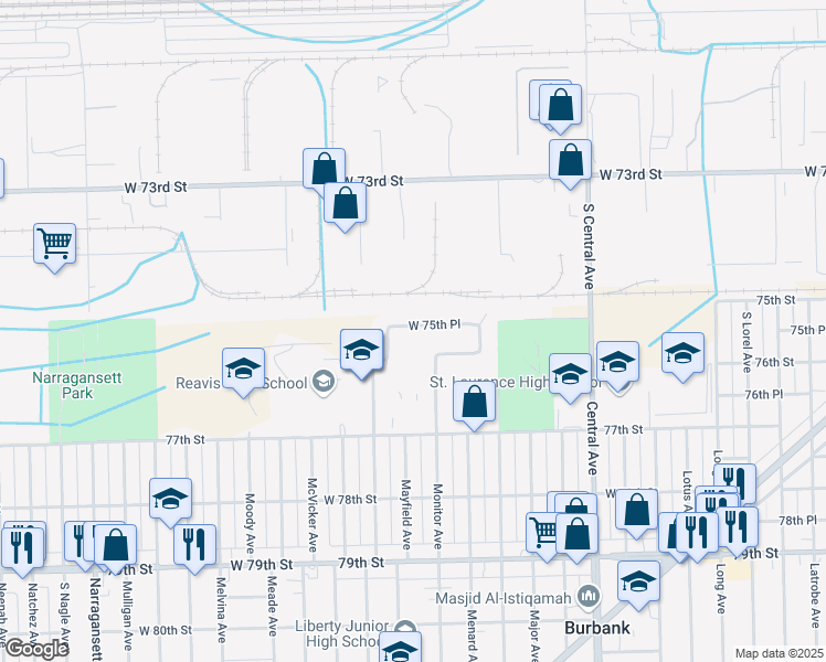 map of restaurants, bars, coffee shops, grocery stores, and more near 5917 75th Place in Burbank