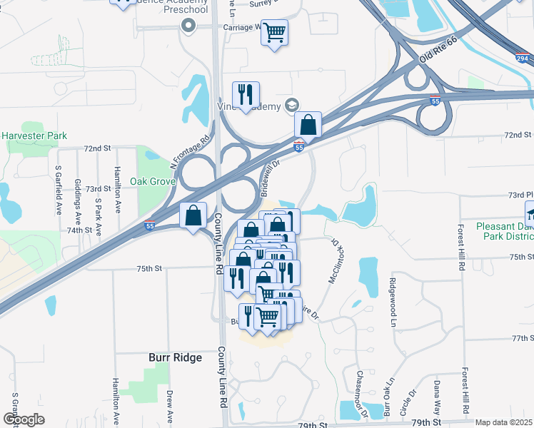 map of restaurants, bars, coffee shops, grocery stores, and more near 1000 Village Center Drive in Burr Ridge
