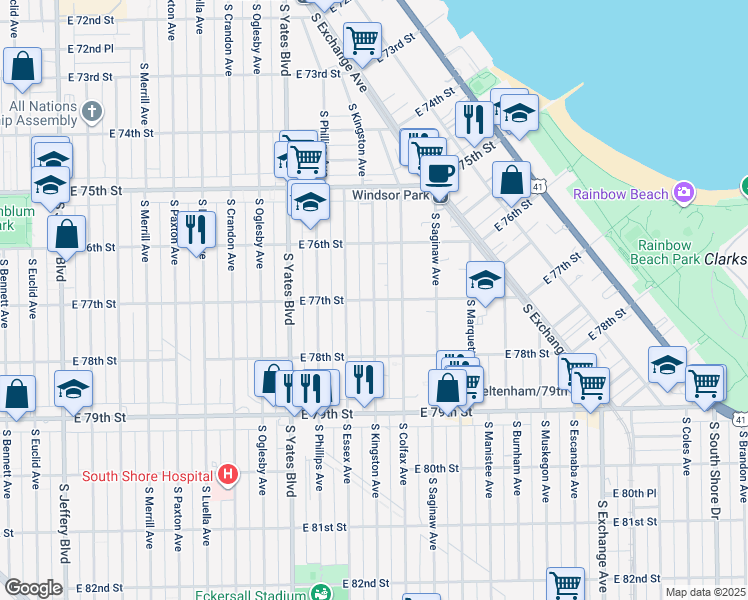 map of restaurants, bars, coffee shops, grocery stores, and more near E 77th St & S Kingston Ave in Chicago