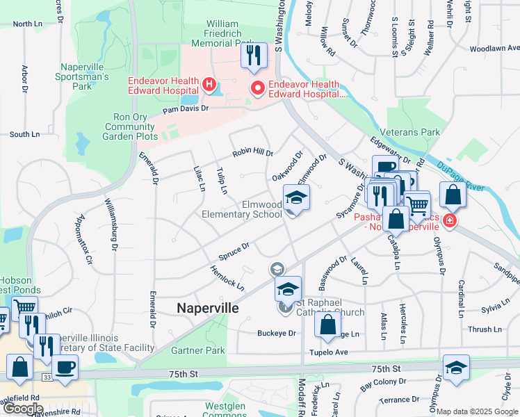 map of restaurants, bars, coffee shops, grocery stores, and more near 127 Elmwood Drive in Naperville